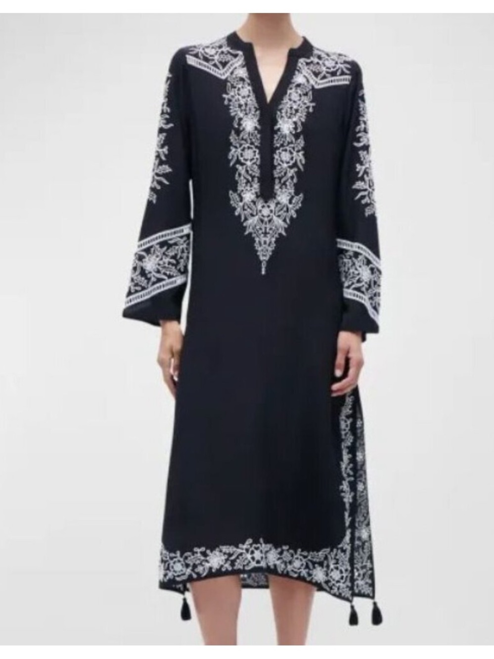 Figue Paola Embroidered Border Slits-Hem Midi Kaftan Dress Black Size M